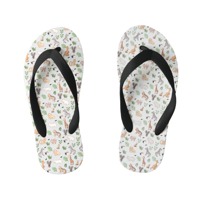wild Animal With Jungle Tree pattern Kid's Flip Flops (Footbed)