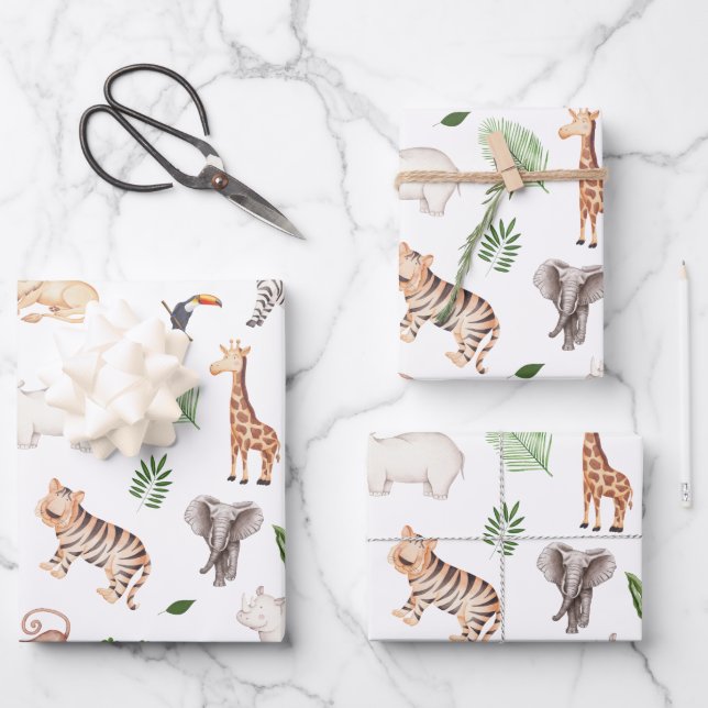 wild Animal With Jungle Tree pattern Wrapping Paper Sheet (Front)