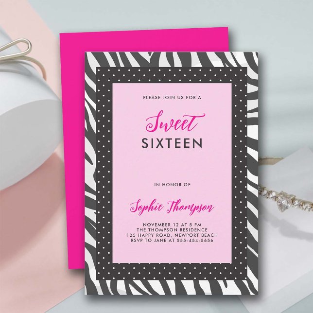 Wild Animal Zebra Hot Pink Black White Sweet 16 Invitation (wild animal print zebra sweet 16 party invitation hot pink black white elegant classy chic stylish)