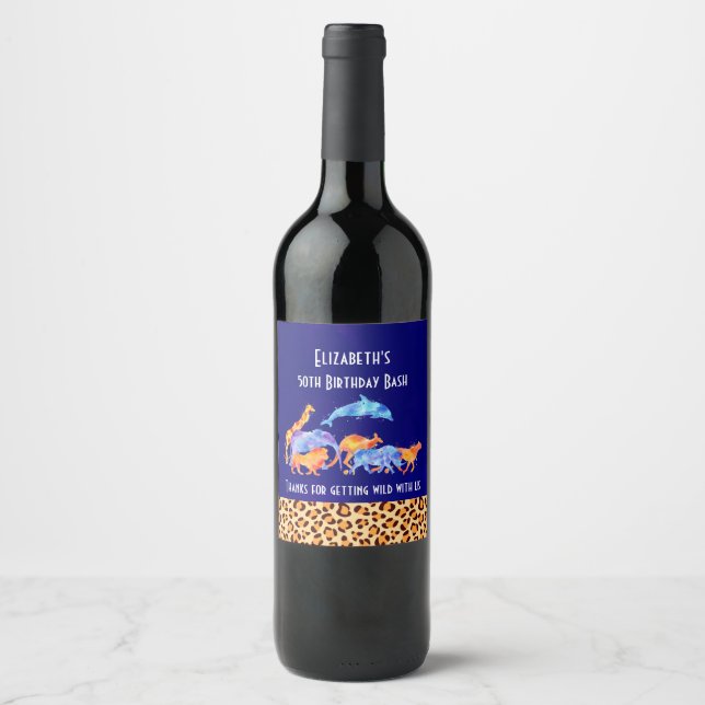 Wild Animals and Leopard Print Birthday Thanks Wine Label (Front)