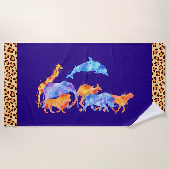 Wild Animals and Leopard print Border Beach Towel (Front)
