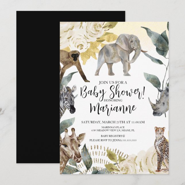 Wild Animals Baby Shower Faux Gold Glitter Invitation (Front/Back)