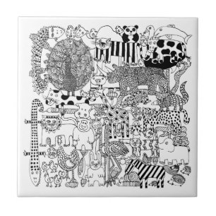 Wild Animals Black and White Hand Drawn Art Tile