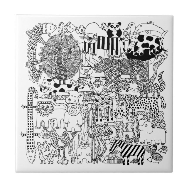 Wild Animals Black and White Hand Drawn Art Tile (Front)