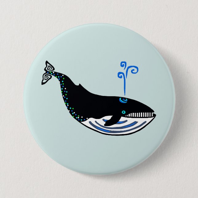 Wild animals -  Blue WHALE-- Sea spray green 7.5 Cm Round Badge (Front)