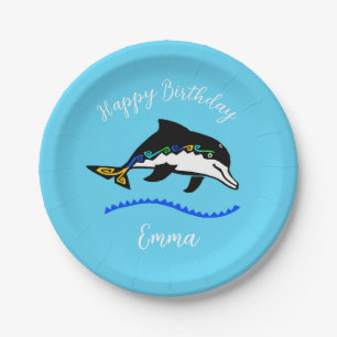 Wild animals - DOLPHIN - Happy Birthday- Blue  Paper Plate
