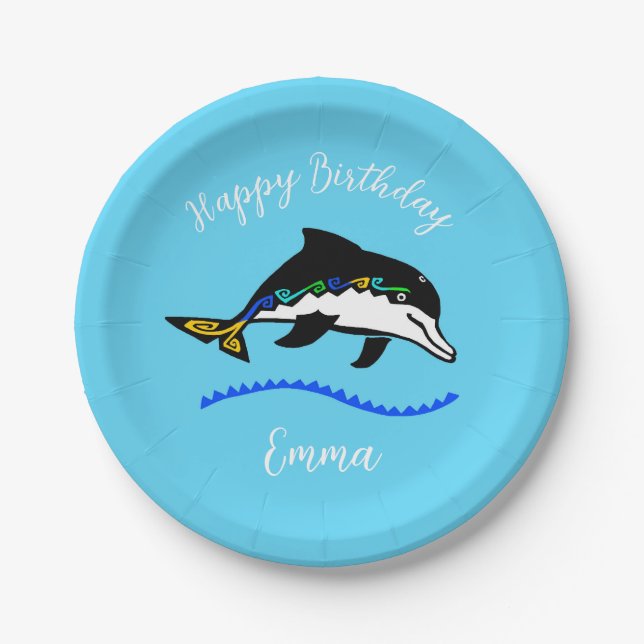 Wild animals - DOLPHIN - Happy Birthday- Blue  Paper Plate (Front)
