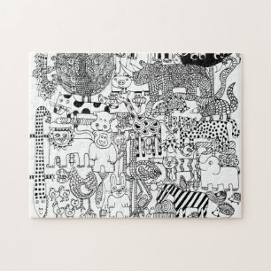 Wild Animals Hand Drawn Black and White Art Jigsaw Puzzle