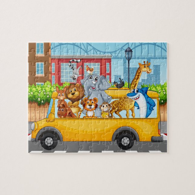 Wild animals in school bus jigsaw puzzle (Horizontal)