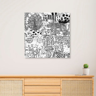 Wild Animals Modern Black and White Hand Drawn Art Canvas Print
