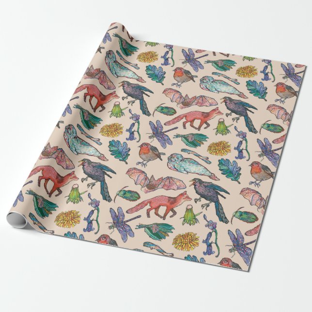 Wild Animals of Ireland Wrapping Paper in Beige (Unrolled)