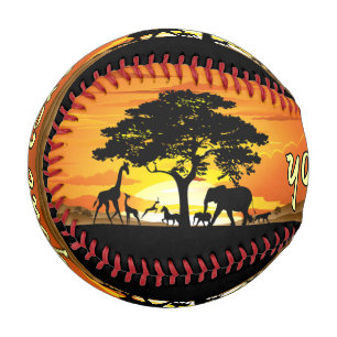 Wild Animals on African Savanna Sunset Baseball