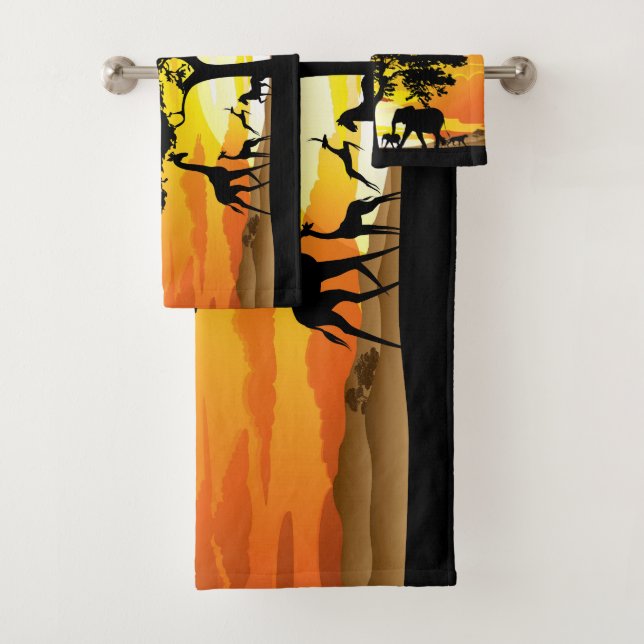 Wild Animals on African Savanna Sunset Bath Towel Set (Insitu)