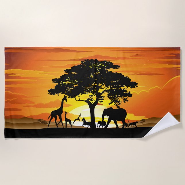 Wild Animals on African Savanna Sunset Beach Towel (Front)