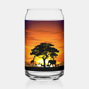 Wild Animals on African Savanna Sunset Can Glass