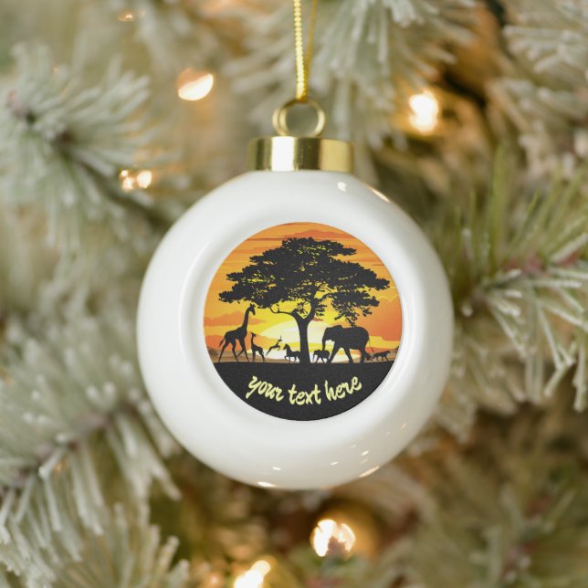 Wild Animals on African Savanna Sunset Ceramic Ball Christmas Ornament (Tree)