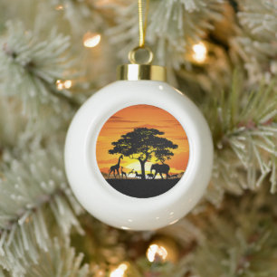 Wild Animals on African Savanna Sunset Ceramic Ball Christmas Ornament
