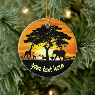 Wild Animals on African Savanna Sunset Ceramic Tree Decoration