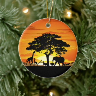 Wild Animals on African Savanna Sunset Ceramic Tree Decoration