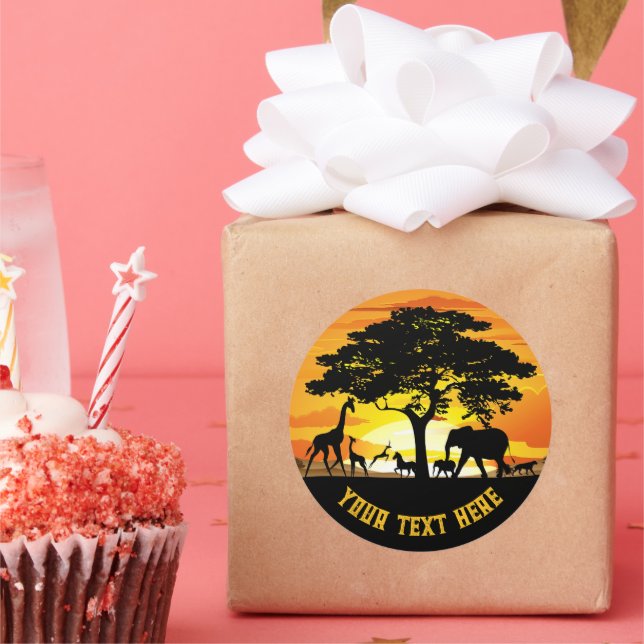 Wild Animals on African Savanna Sunset Classic Round Sticker (Party)