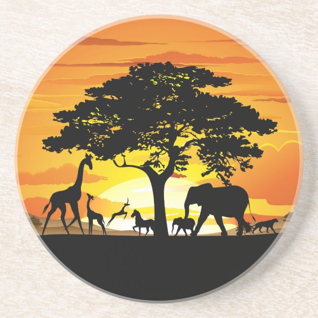 Wild Animals on African Savanna Sunset Coaster (Front)