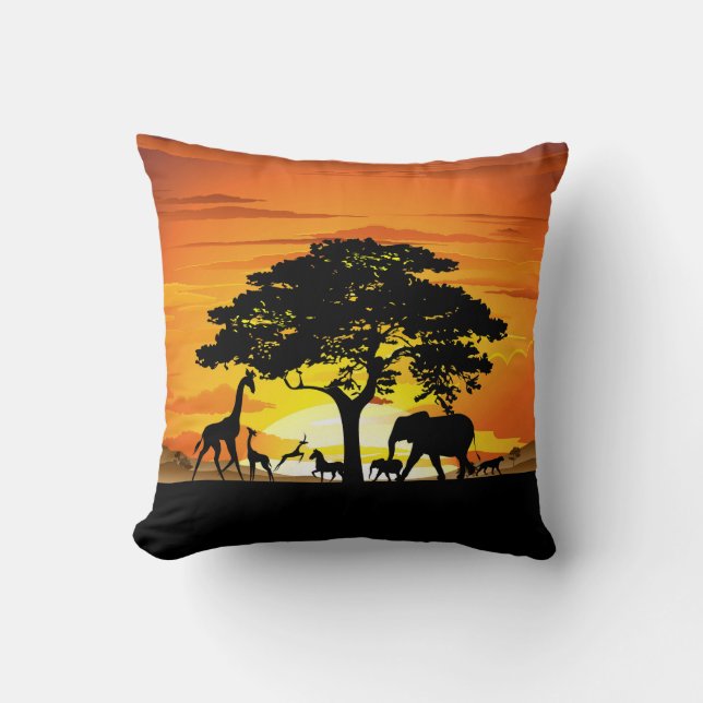 Wild Animals on African Savanna Sunset Cushion (Front)