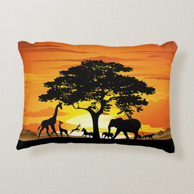 Wild Animals on African Savanna Sunset Decorative Cushion (Back)