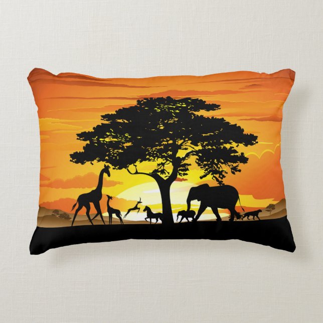 Wild Animals on African Savanna Sunset Decorative Cushion (Front)