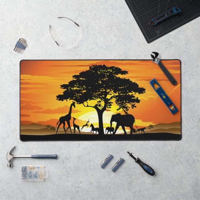 Wild Animals on African Savanna Sunset Desk Mat (Workstation)