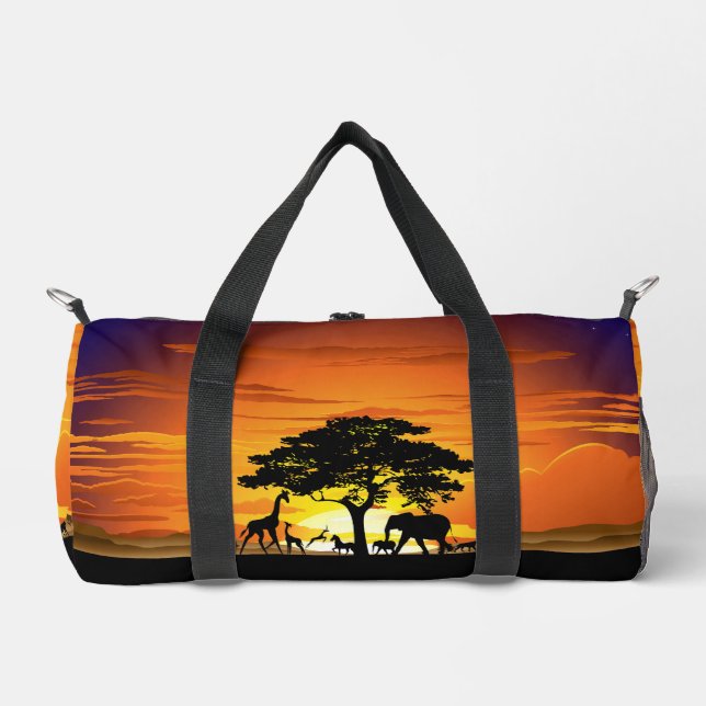 Wild Animals on African Savanna Sunset Duffle Bag (Front)