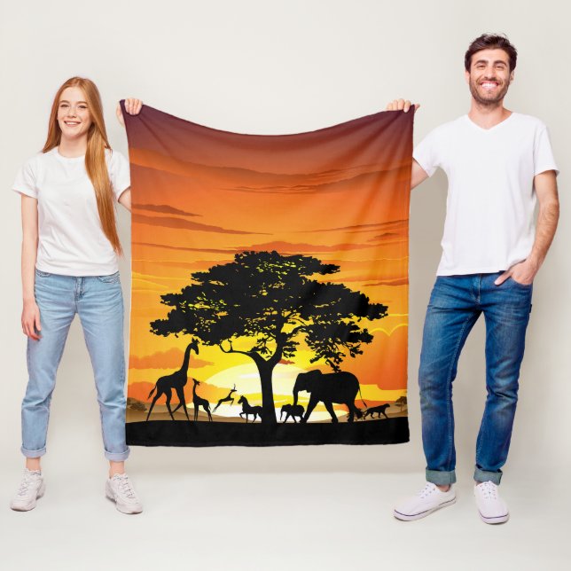 Wild Animals on African Savanna Sunset Fleece Blanket (In Situ)