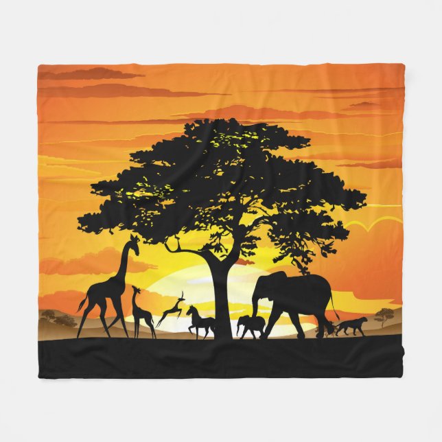 Wild Animals on African Savanna Sunset Fleece Blanket (Front (Horizontal))