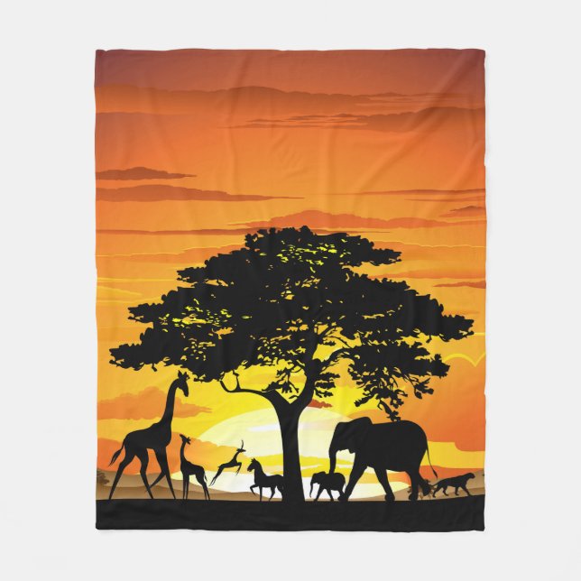 Wild Animals on African Savanna Sunset Fleece Blanket (Front)
