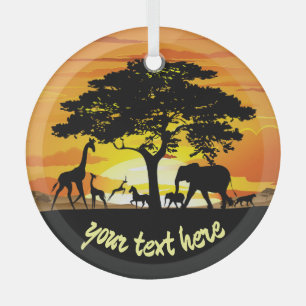 Wild Animals on African Savanna Sunset Glass Tree Decoration