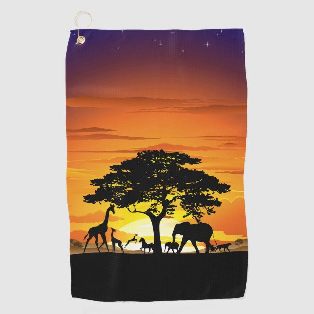 Wild Animals on African Savanna Sunset Golf Towel (Front)