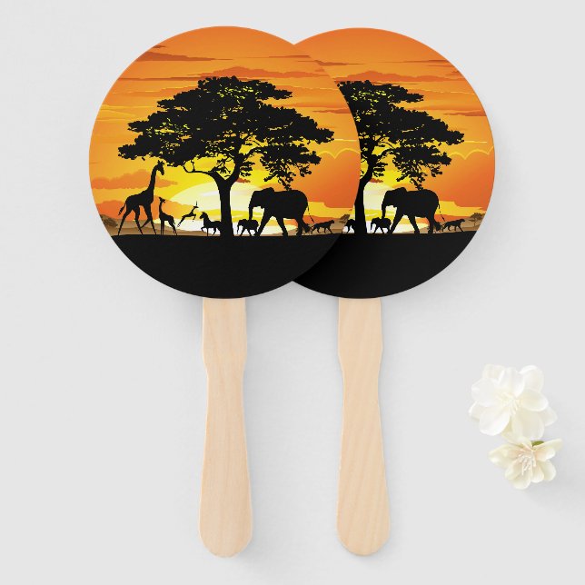 Wild Animals on African Savanna Sunset Hand Fan (Front and Back)