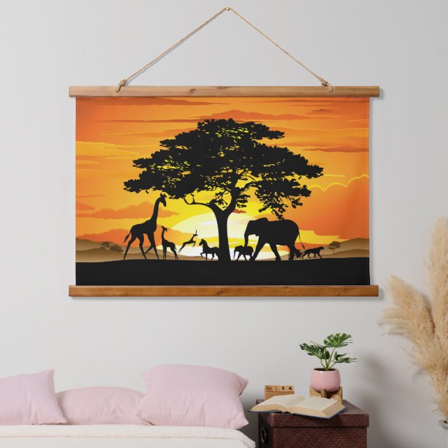Wild Animals on African Savanna Sunset Hanging Tapestry (Bedroom)