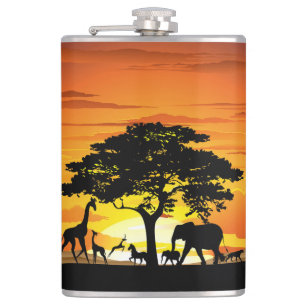 Wild Animals on African Savanna Sunset Hip Flask
