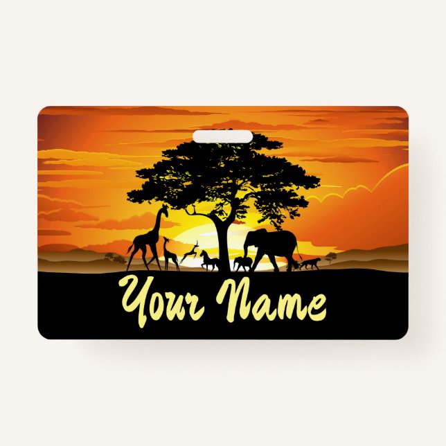 Wild Animals on African Savanna Sunset ID Badge (Front)