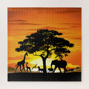 Wild Animals on African Savanna Sunset Jigsaw Puzzle