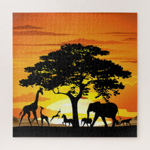 Wild Animals on African Savanna Sunset Jigsaw Puzzle