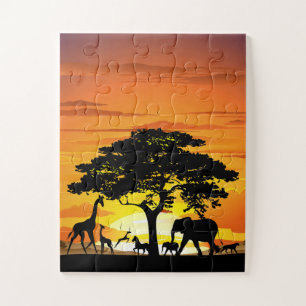 Wild Animals on African Savanna Sunset Jigsaw Puzzle