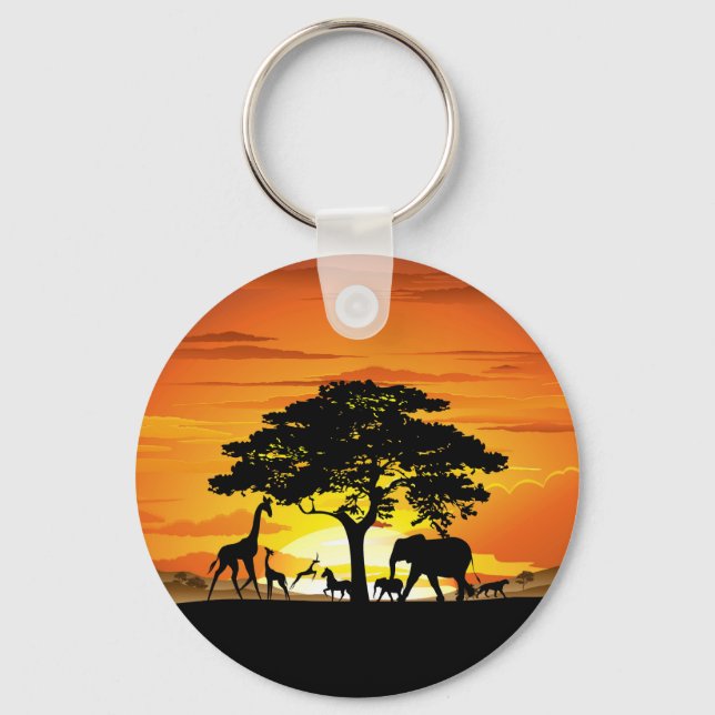 Wild Animals on African Savanna Sunset Key Ring (Front)