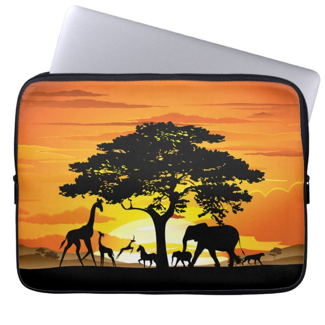 Wild Animals on African Savanna Sunset Laptop Sleeve (Front)