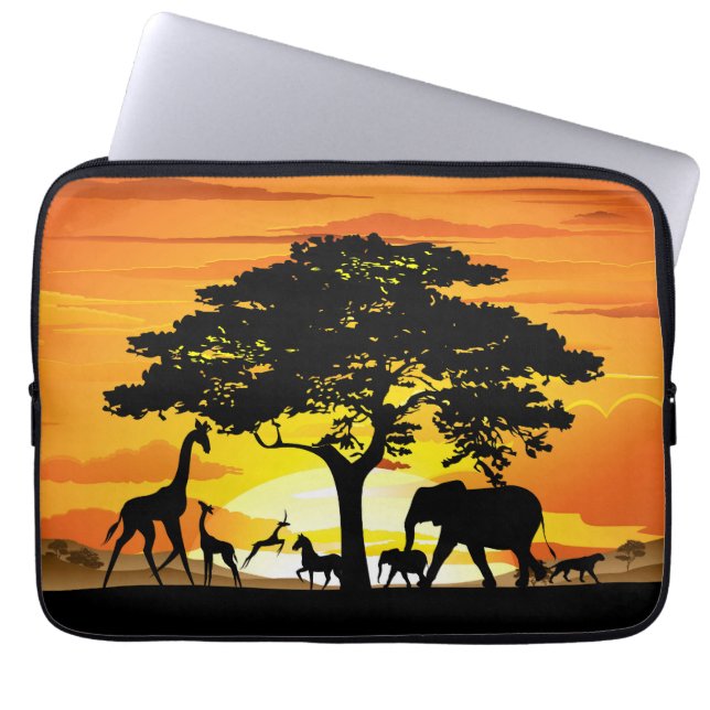 Wild Animals on African Savanna Sunset Laptop Sleeve (Front)