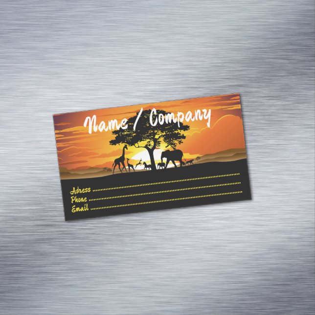 Wild Animals on African Savanna Sunset Magnetic Business Card (In Situ)