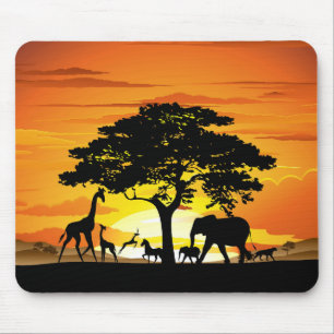 Wild Animals on African Savanna Sunset Mouse Mat
