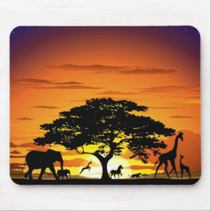 Wild Animals on African Savanna Sunset Mouse Mat