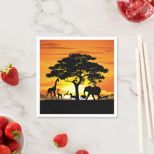 Wild Animals on African Savanna Sunset Napkin (Insitu)