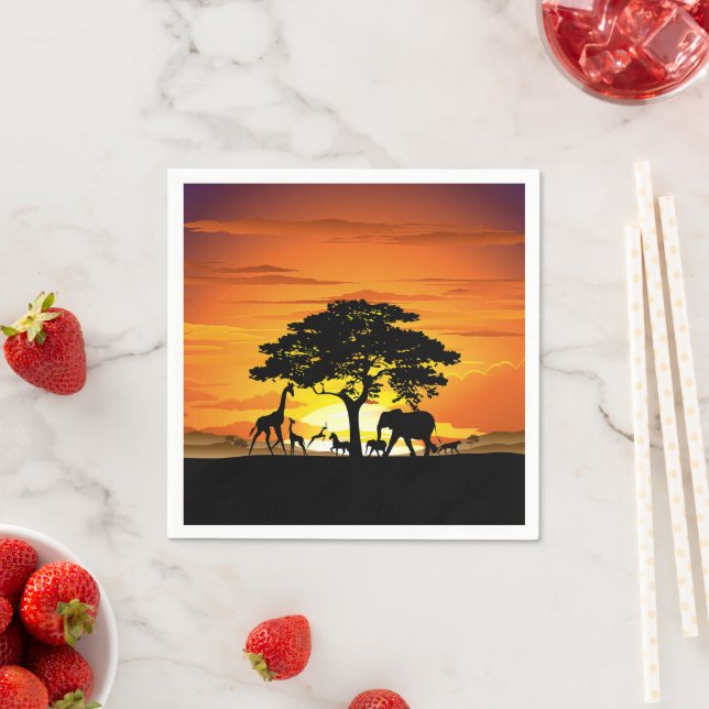 Wild Animals on African Savanna Sunset Napkin (Insitu)